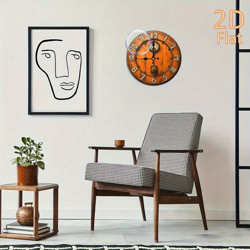 9.8 Inch Orange Wood & Rivet Accents 2D Wall Clock - Distressed Steampunk Industrial Design, Silent Quartz Movement, Artificial Wood, Battery Operated (AA Not Included) for Living Room Home Decor, Durable Craftsmanship