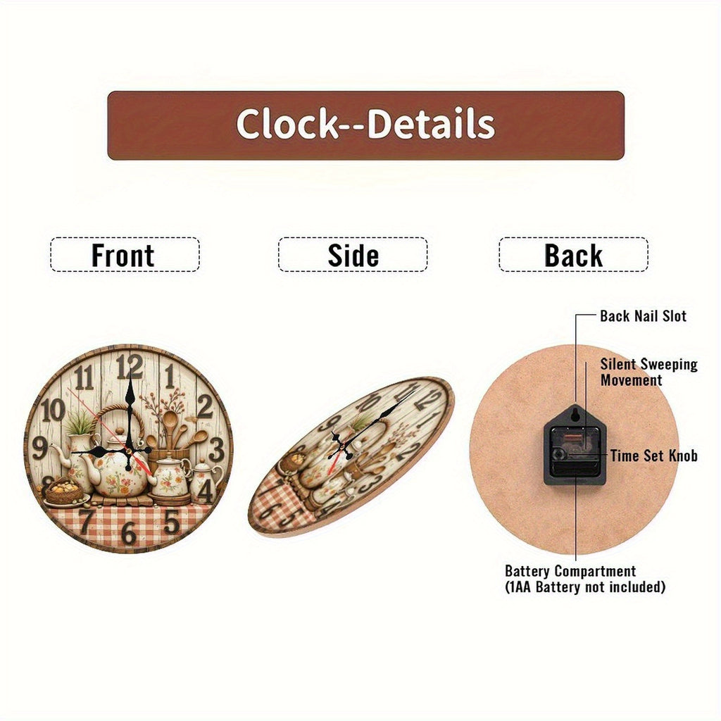 Retro Style Round Wall Clock with Floral Pattern Teapot, Wooden Tableware And Comfortable Plaid Tablecloth Set, Light Faded Wood Grain Background with Numbers 1-12, Classic Dark Design, Adds Warmth And Intimacy to Home Decor