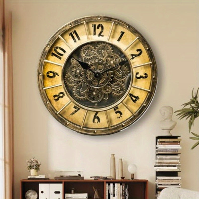 18-Inch Oversized Gear Clock Featuring Authentic Moving Gears, Designed in a Large Industrial Steampunk Style, This Wall-Mounted Clock with a Glass Cover Is Perfect for Decorating Living Rooms, Home Offices, Factories, Warehouses, Or Log Cabins
