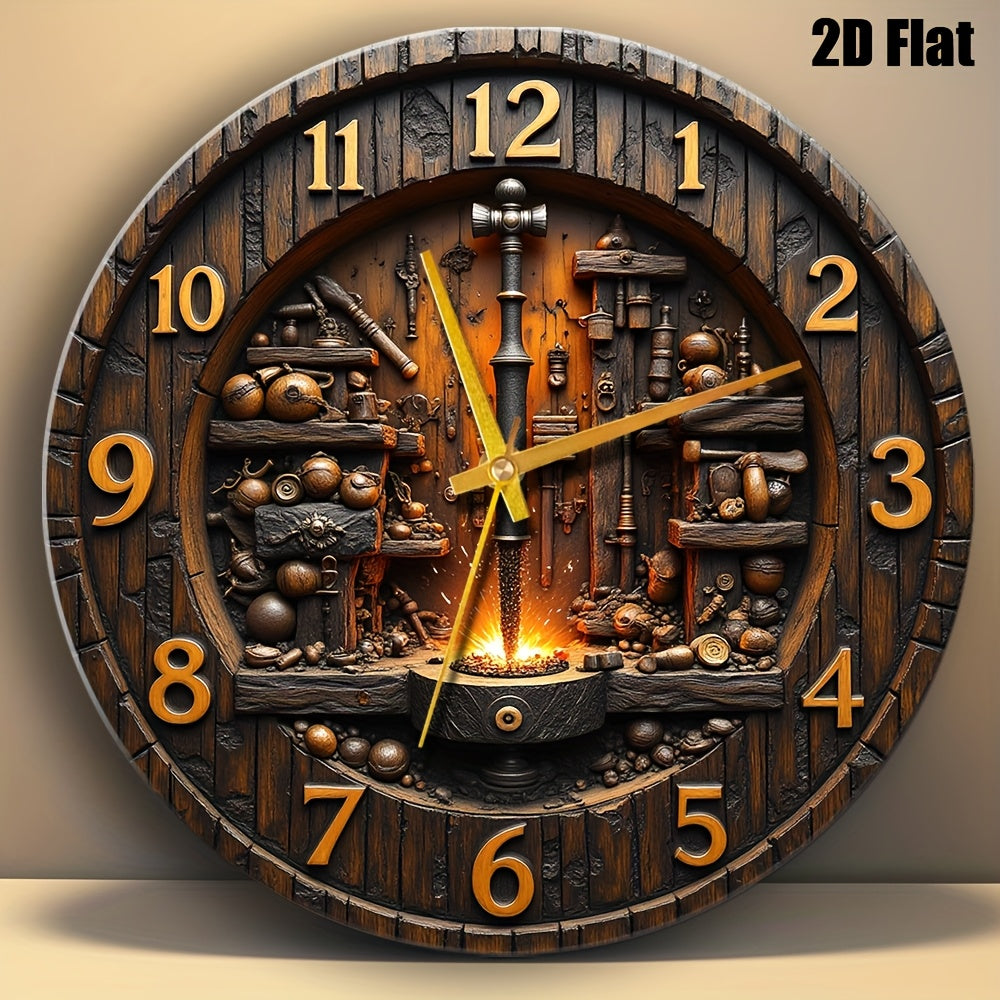 2D Flat, 1pc Industrial Forged Style Tempered Glass Wall Clock 12x12inch- Black and Golden Metal Hands, Artisan Handmade Design with Tools and Flame Pattern, Battery Operated(AA Batteries Not Included)- Choice Living Room, Studio, Hous, 2D Flat