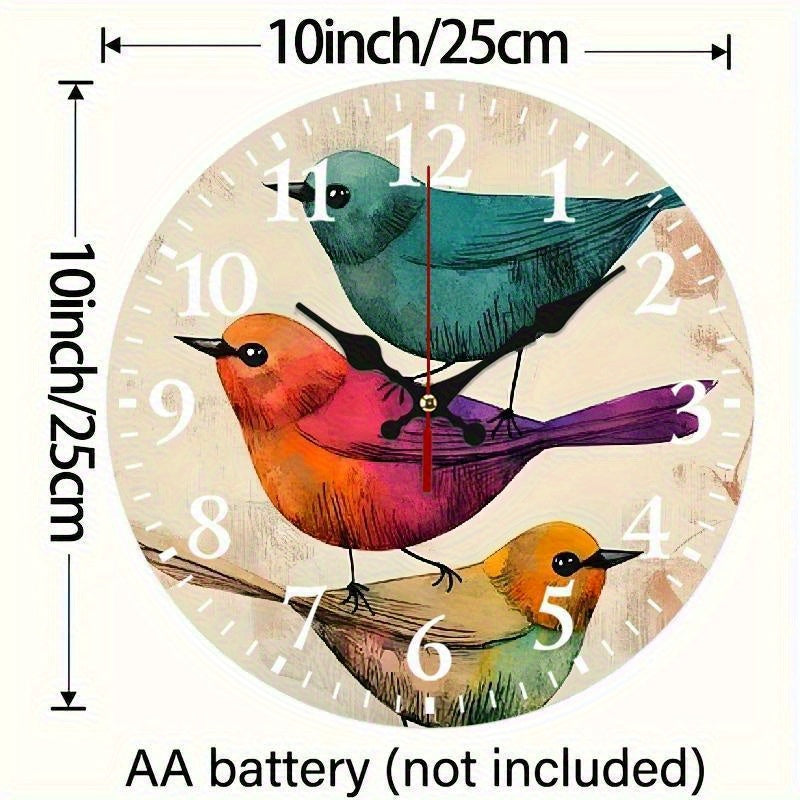 2D flat 10-inch round wooden wall clock is suitable for home decoration, bird paper painting, printing, wall art decoration, wall hanging decoration - very suitable for wall clocks in living rooms, dormitories, bedrooms, kitchens, home offices, etc