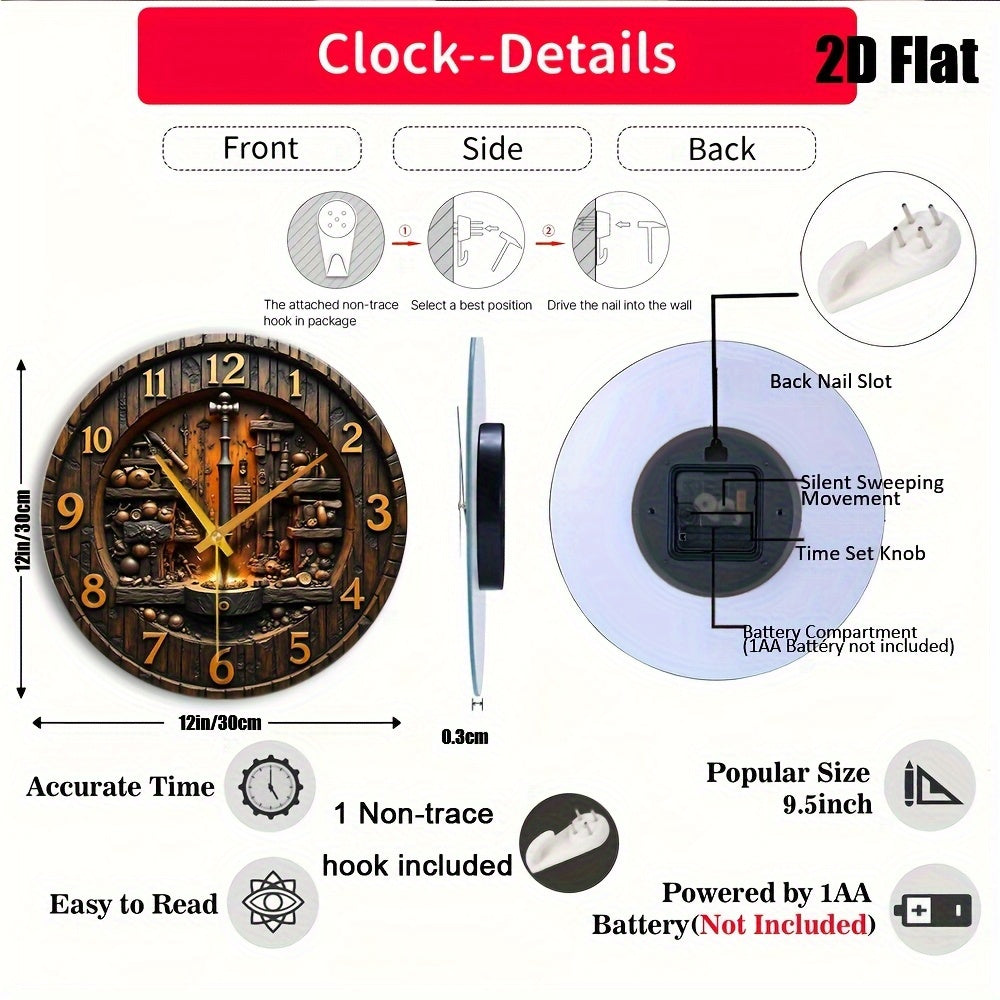 2D Flat, 1pc Industrial Forged Style Tempered Glass Wall Clock 12x12inch- Black and Golden Metal Hands, Artisan Handmade Design with Tools and Flame Pattern, Battery Operated(AA Batteries Not Included)- Choice Living Room, Studio, Hous, 2D Flat