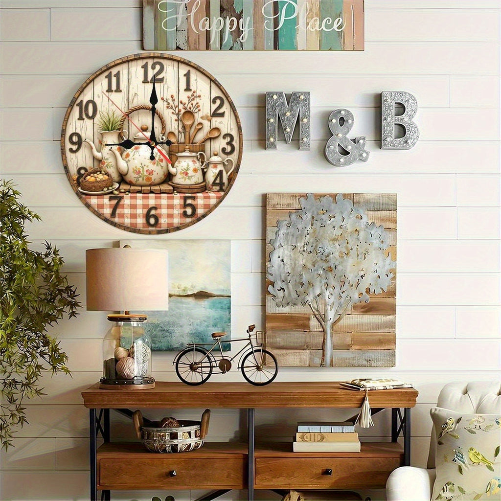 Retro Style Round Wall Clock with Floral Pattern Teapot, Wooden Tableware And Comfortable Plaid Tablecloth Set, Light Faded Wood Grain Background with Numbers 1-12, Classic Dark Design, Adds Warmth And Intimacy to Home Decor