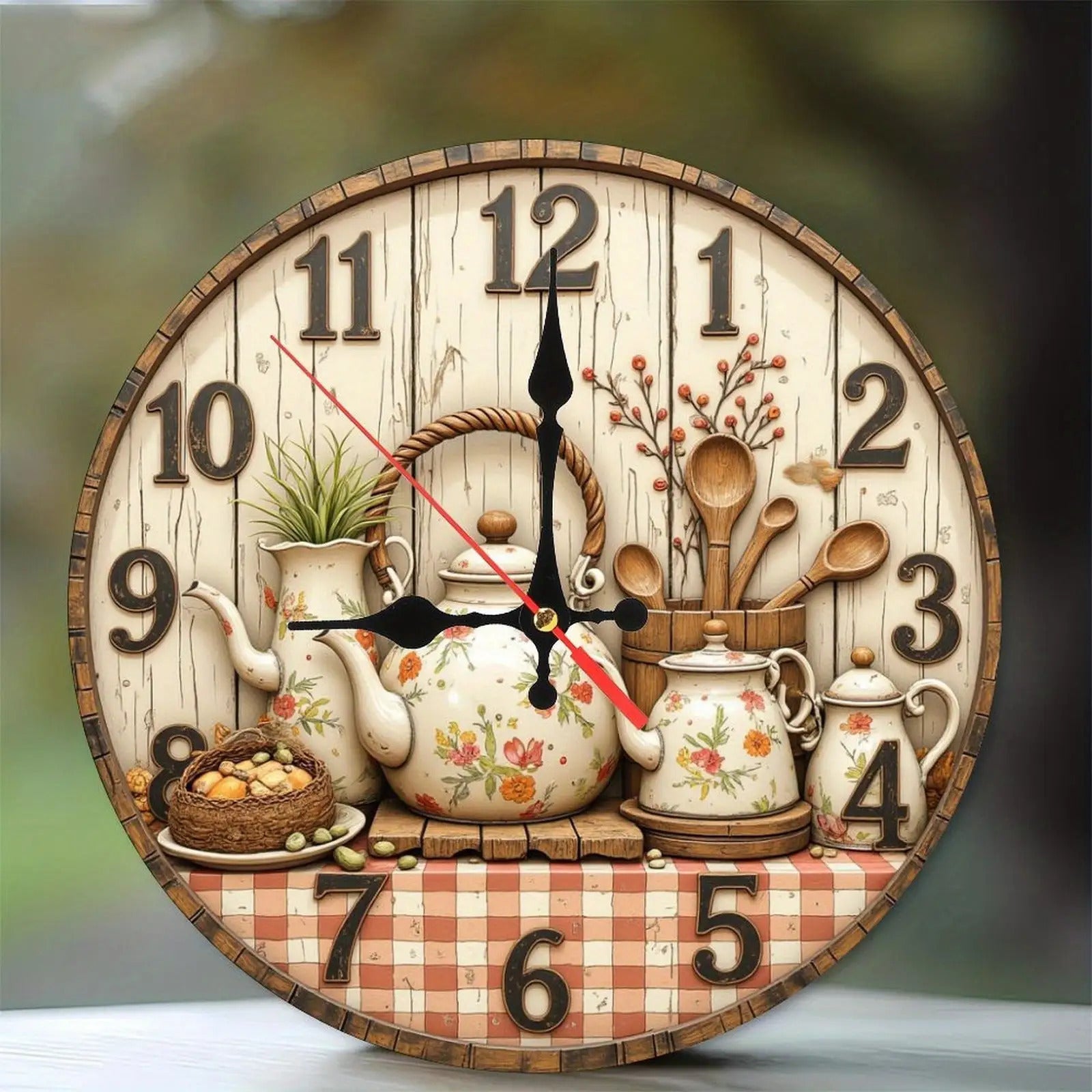 Retro Style Round Wall Clock with Floral Pattern Teapot, Wooden Tableware And Comfortable Plaid Tablecloth Set, Light Faded Wood Grain Background with Numbers 1-12, Classic Dark Design, Adds Warmth And Intimacy to Home Decor