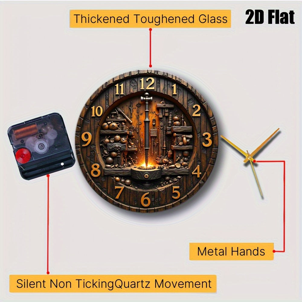 2D Flat, 1pc Industrial Forged Style Tempered Glass Wall Clock 12x12inch- Black and Golden Metal Hands, Artisan Handmade Design with Tools and Flame Pattern, Battery Operated(AA Batteries Not Included)- Choice Living Room, Studio, Hous, 2D Flat