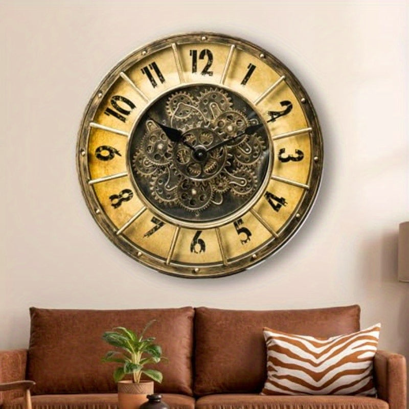 18-Inch Oversized Gear Clock Featuring Authentic Moving Gears, Designed in a Large Industrial Steampunk Style, This Wall-Mounted Clock with a Glass Cover Is Perfect for Decorating Living Rooms, Home Offices, Factories, Warehouses, Or Log Cabins