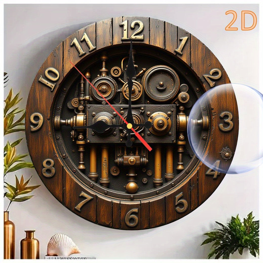14 Inch Vintage Steampunk Wall Clock - Dark Brown Artificial Wood with Intricate Gears & Pipes, Silent Quartz Movement, Battery Operated (AA Not Included) for Living Room, Bedroom Home Decor, Wall Clock Living Room