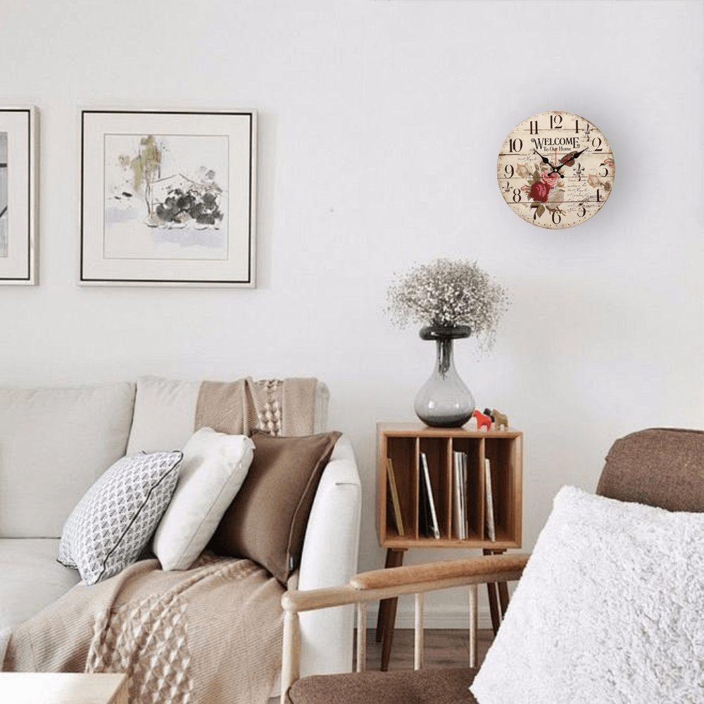 Retro floral wall clock silent movement - Retro rose and butterfly design artificial wooden round clock suitable for living room, bedroom, kitchen and office decoration - perfect for Christmas, New Year and Halloween. No AA battery included