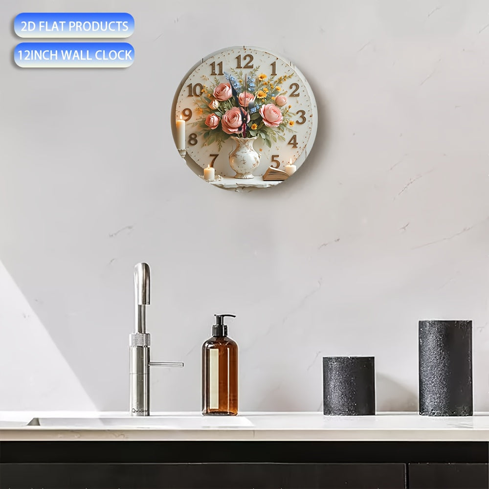 1pc retro floral wall clock, 10-inch silent non-striking made of wood, AA battery-powered - perfect for home kitchen and bathroom decoration, decorative wall clock, retro mural, wooden design, wall clock, living room