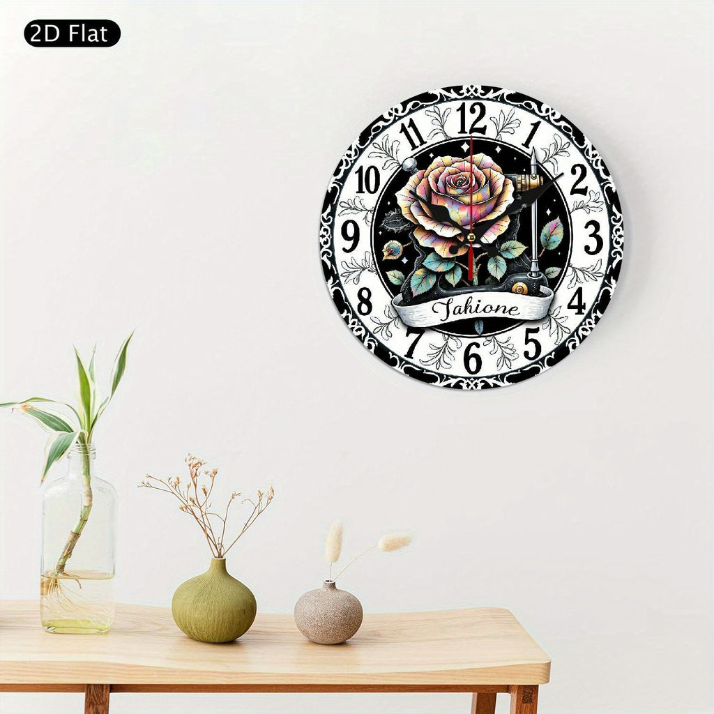 1 retro floral silent wall clock - pink black rose flat clock, battery-powered, no AA battery, suitable for living room, kitchen, office, birthday, graduation, Thanksgiving decoration - elegant home gift, artistic design, fine craftsmanship, 2D flat