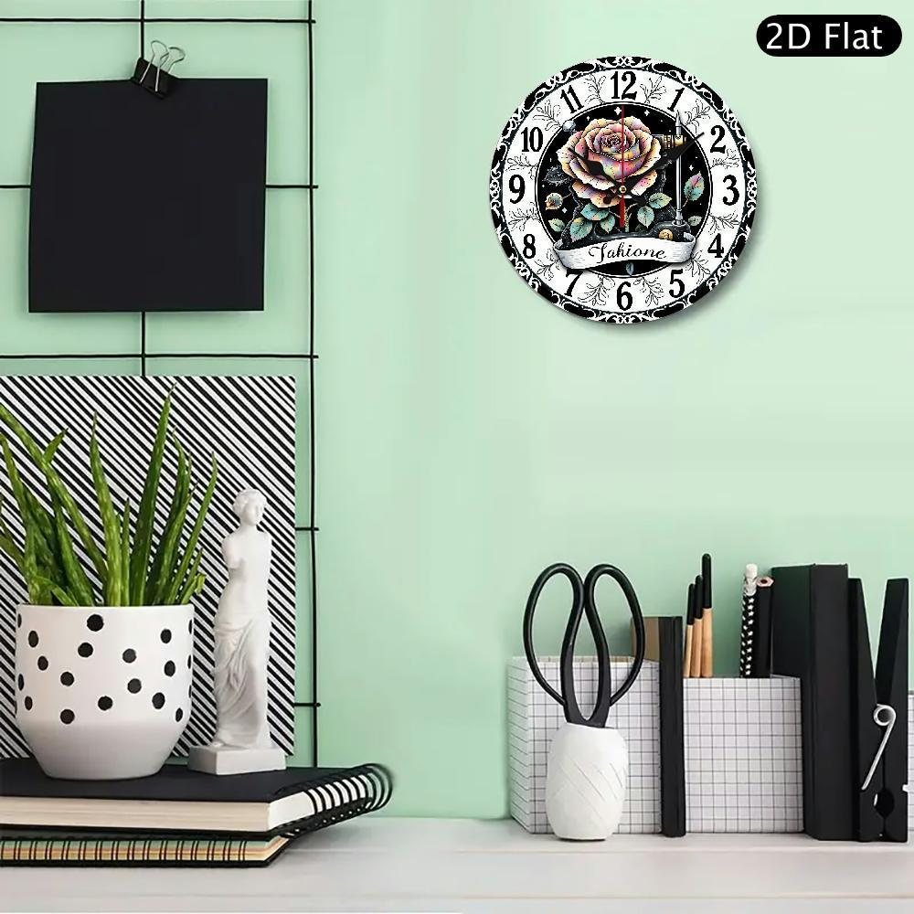 1 retro floral silent wall clock - pink black rose flat clock, battery-powered, no AA battery, suitable for living room, kitchen, office, birthday, graduation, Thanksgiving decoration - elegant home gift, artistic design, fine craftsmanship, 2D flat