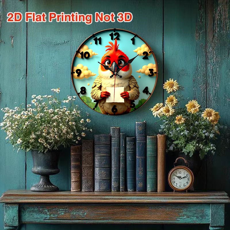 1pc Vintage Farmhouse Chicken Wall Clock Decor - Cute Rooster with Paper, Silent Quartz Movement, No Batteries Needed, Easy Hang - for Kitchen, Living Room, Halloween, Christmas - Artificial Wood Retro Decoration, 2D Flat