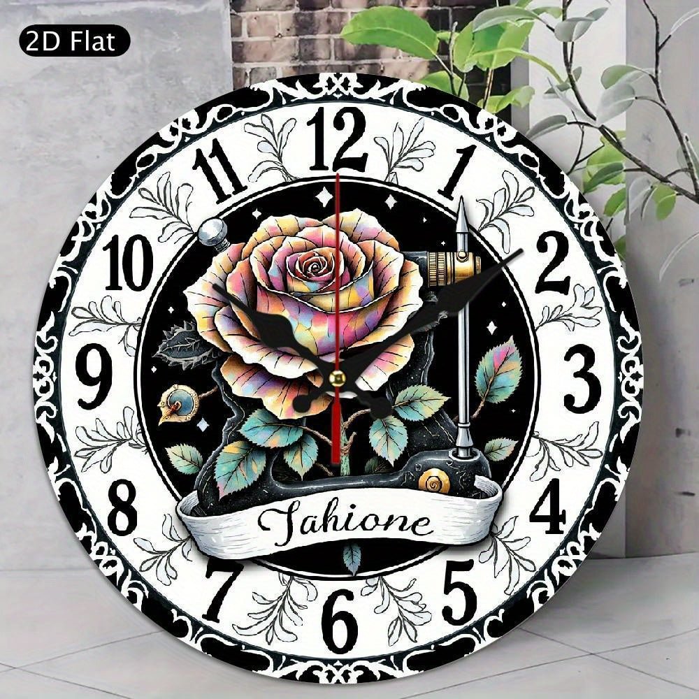 1 retro floral silent wall clock - pink black rose flat clock, battery-powered, no AA battery, suitable for living room, kitchen, office, birthday, graduation, Thanksgiving decoration - elegant home gift, artistic design, fine craftsmanship, 2D flat