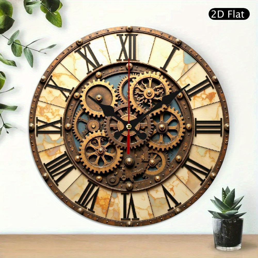 Retro Industrial Round Wall Clock with Steampunk Gears & Roman Numerals - Silent Non-Ticking Wooden Frame, AA Battery Operated (Not Included) for Living Room, Bedroom, Office Decor - Unique Artistic Home Gift