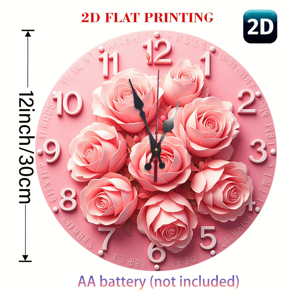 2D flat style retro floral wall clock - Quartz sports romantic pink rose design, silent, no AA battery, perfect for home decoration, living room, kitchen or gift. Elegant wall clock, quartz sports clock, wall clock decoration