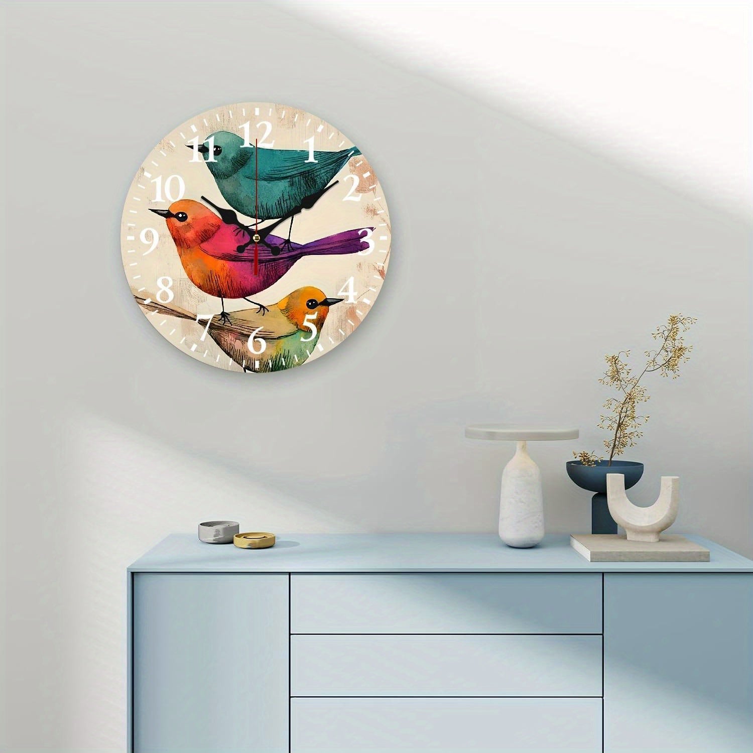 2D flat 10-inch round wooden wall clock is suitable for home decoration, bird paper painting, printing, wall art decoration, wall hanging decoration - very suitable for wall clocks in living rooms, dormitories, bedrooms, kitchens, home offices, etc