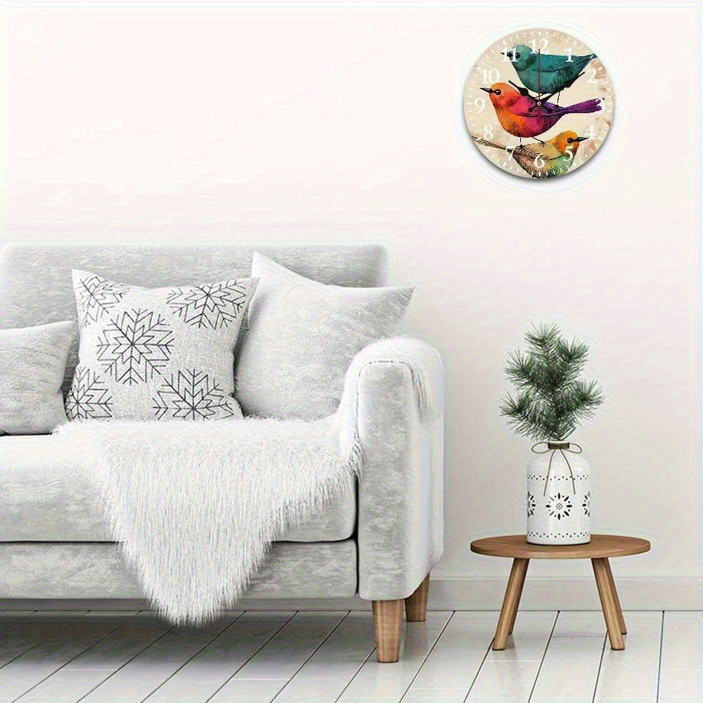 2D flat 10-inch round wooden wall clock is suitable for home decoration, bird paper painting, printing, wall art decoration, wall hanging decoration - very suitable for wall clocks in living rooms, dormitories, bedrooms, kitchens, home offices, etc