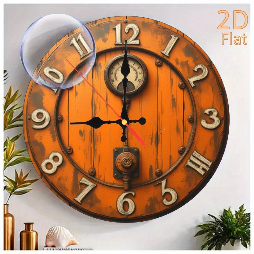 9.8 Inch Orange Wood & Rivet Accents 2D Wall Clock - Distressed Steampunk Industrial Design, Silent Quartz Movement, Artificial Wood, Battery Operated (AA Not Included) for Living Room Home Decor, Durable Craftsmanship