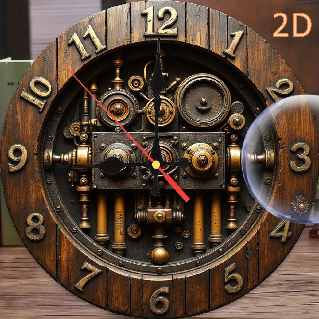 14 Inch Vintage Steampunk Wall Clock - Dark Brown Artificial Wood with Intricate Gears & Pipes, Silent Quartz Movement, Battery Operated (AA Not Included) for Living Room, Bedroom Home Decor, Wall Clock Living Room