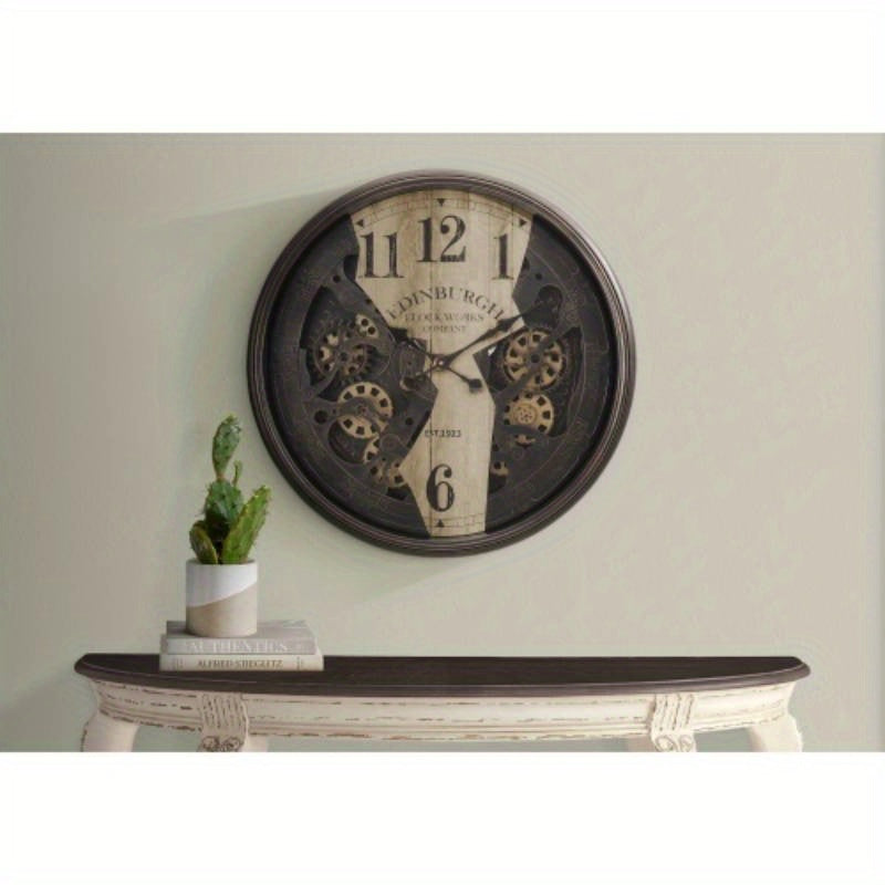 Vintage Industrial Wall Clock - 30 Round Non-Ticking Gear Mechanism, Battery-Powered (No Wiring Needed) - Heavy-Duty Metal\u002FPlastic Construction - Brown Vintage Decor for Living Room, Office, Kitchen - Transitional Style Modern Farmhouse Decor