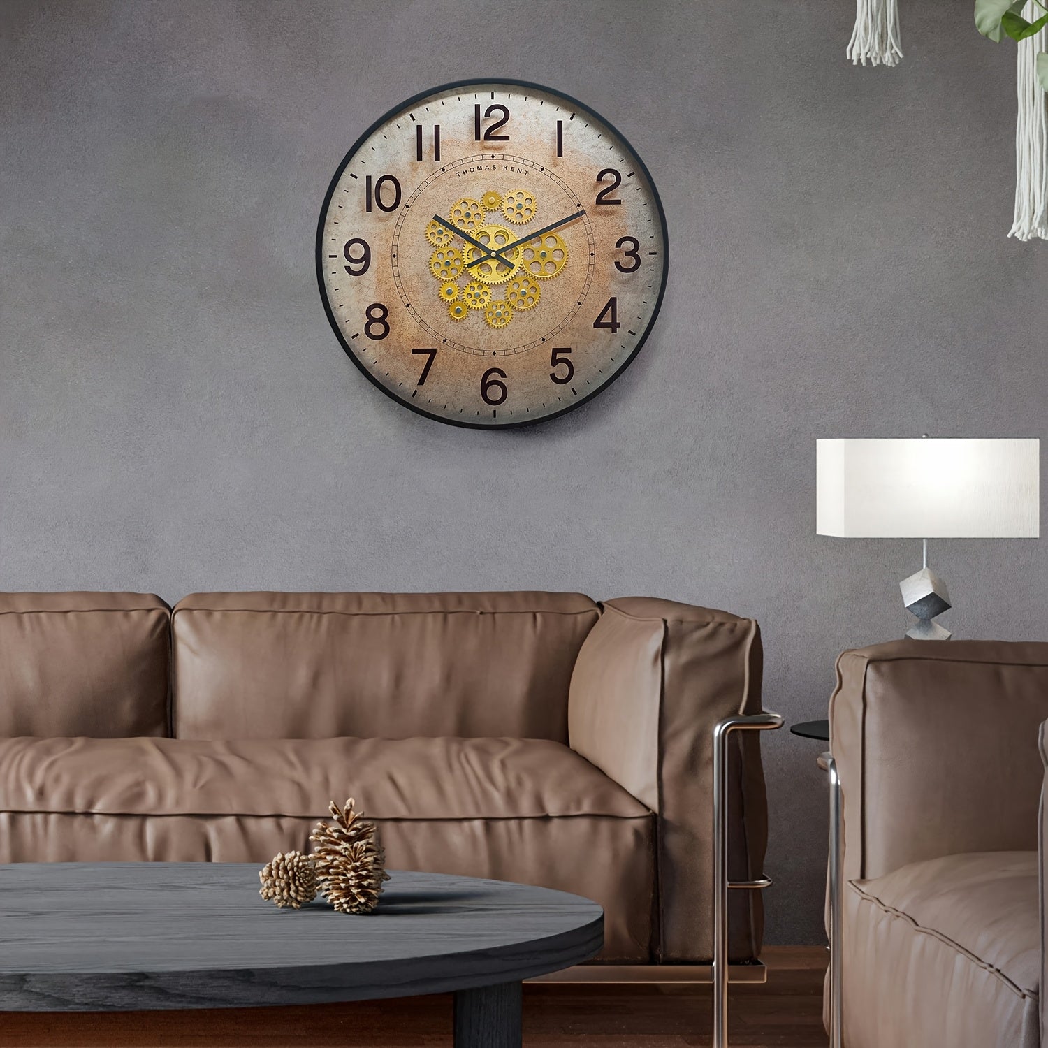 Industrial Vintage Wall Clock with Rotating Golden Gear - Distressed Dial, Black Frame, Mechanical Design for Home & Office Decor, 21\