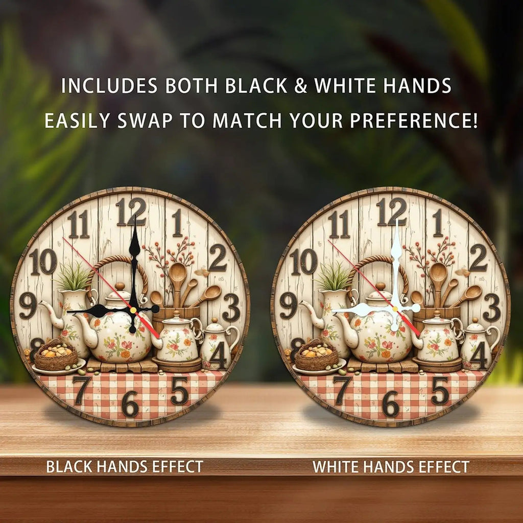 Retro Style Round Wall Clock with Floral Pattern Teapot, Wooden Tableware And Comfortable Plaid Tablecloth Set, Light Faded Wood Grain Background with Numbers 1-12, Classic Dark Design, Adds Warmth And Intimacy to Home Decor