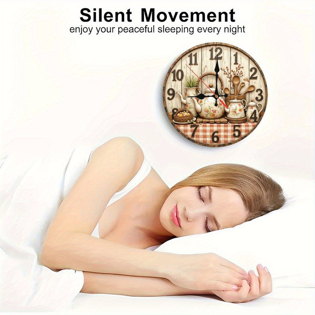 Retro Style Round Wall Clock with Floral Pattern Teapot, Wooden Tableware And Comfortable Plaid Tablecloth Set, Light Faded Wood Grain Background with Numbers 1-12, Classic Dark Design, Adds Warmth And Intimacy to Home Decor