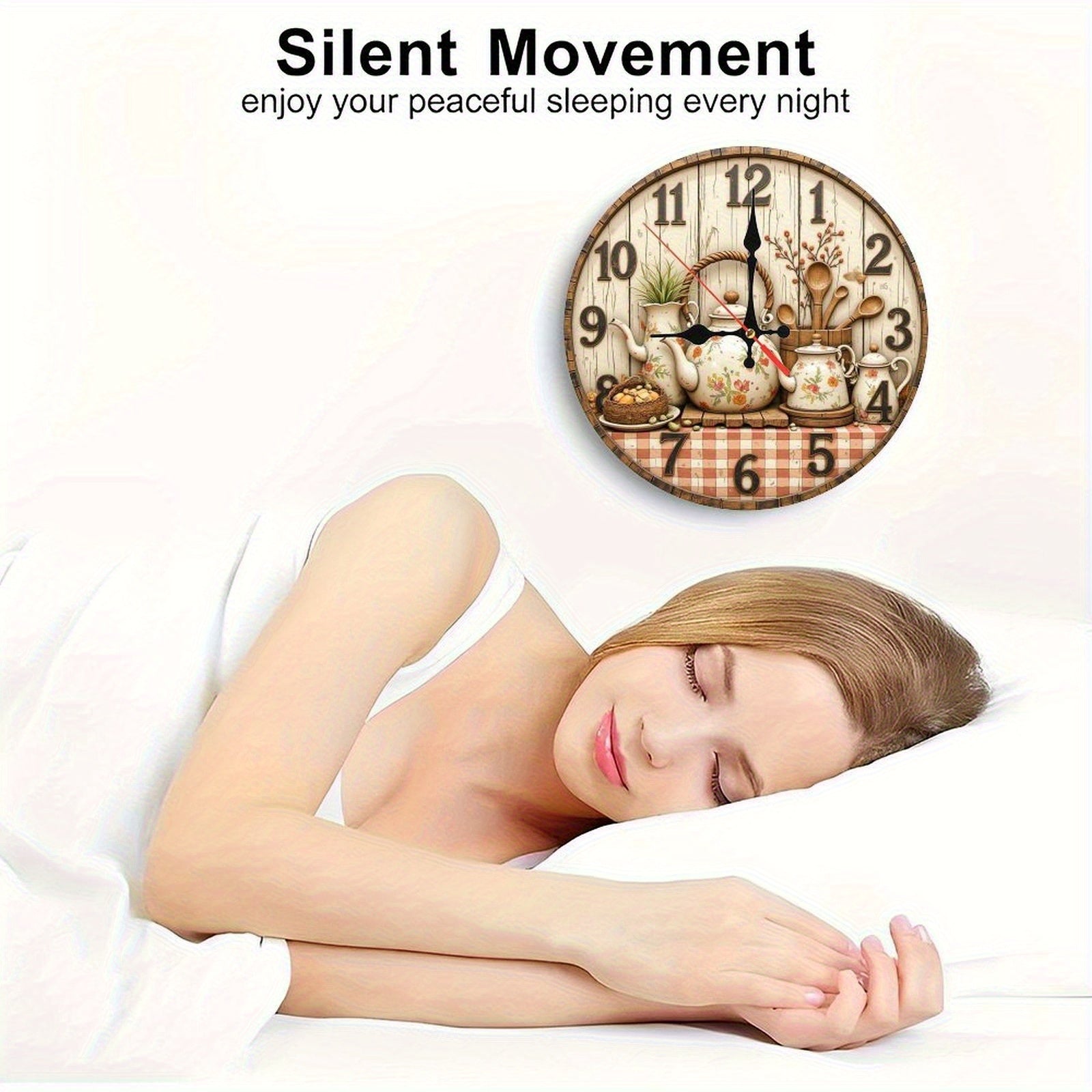 Retro Style Round Wall Clock with Floral Pattern Teapot, Wooden Tableware And Comfortable Plaid Tablecloth Set, Light Faded Wood Grain Background with Numbers 1-12, Classic Dark Design, Adds Warmth And Intimacy to Home Decor