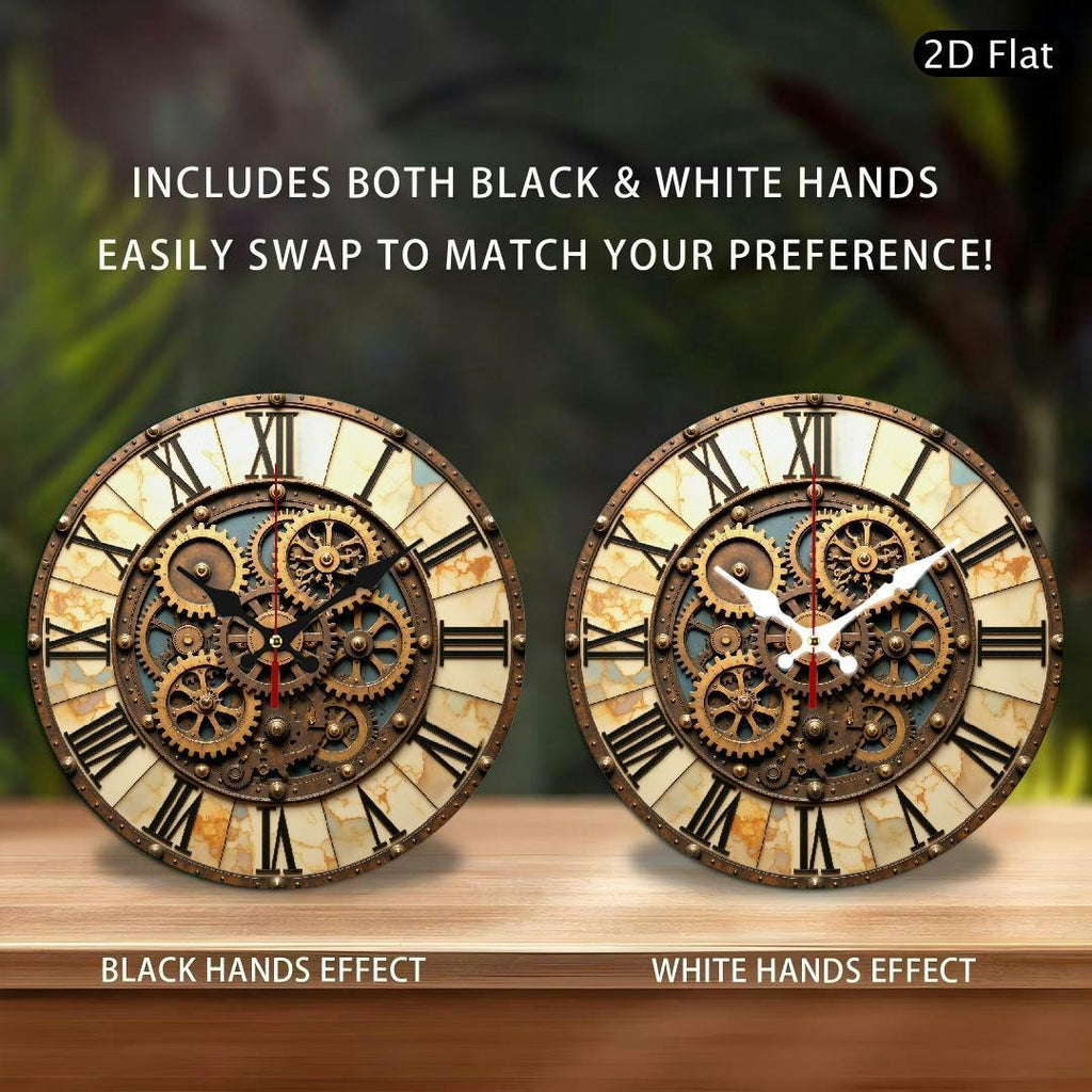 Retro Industrial Round Wall Clock with Steampunk Gears & Roman Numerals - Silent Non-Ticking Wooden Frame, AA Battery Operated (Not Included) for Living Room, Bedroom, Office Decor - Unique Artistic Home Gift