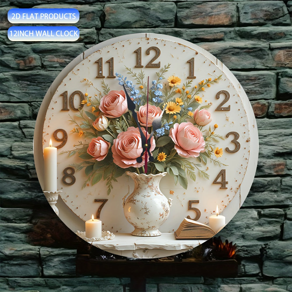 1pc retro floral wall clock, 10-inch silent non-striking made of wood, AA battery-powered - perfect for home kitchen and bathroom decoration, decorative wall clock, retro mural, wooden design, wall clock, living room