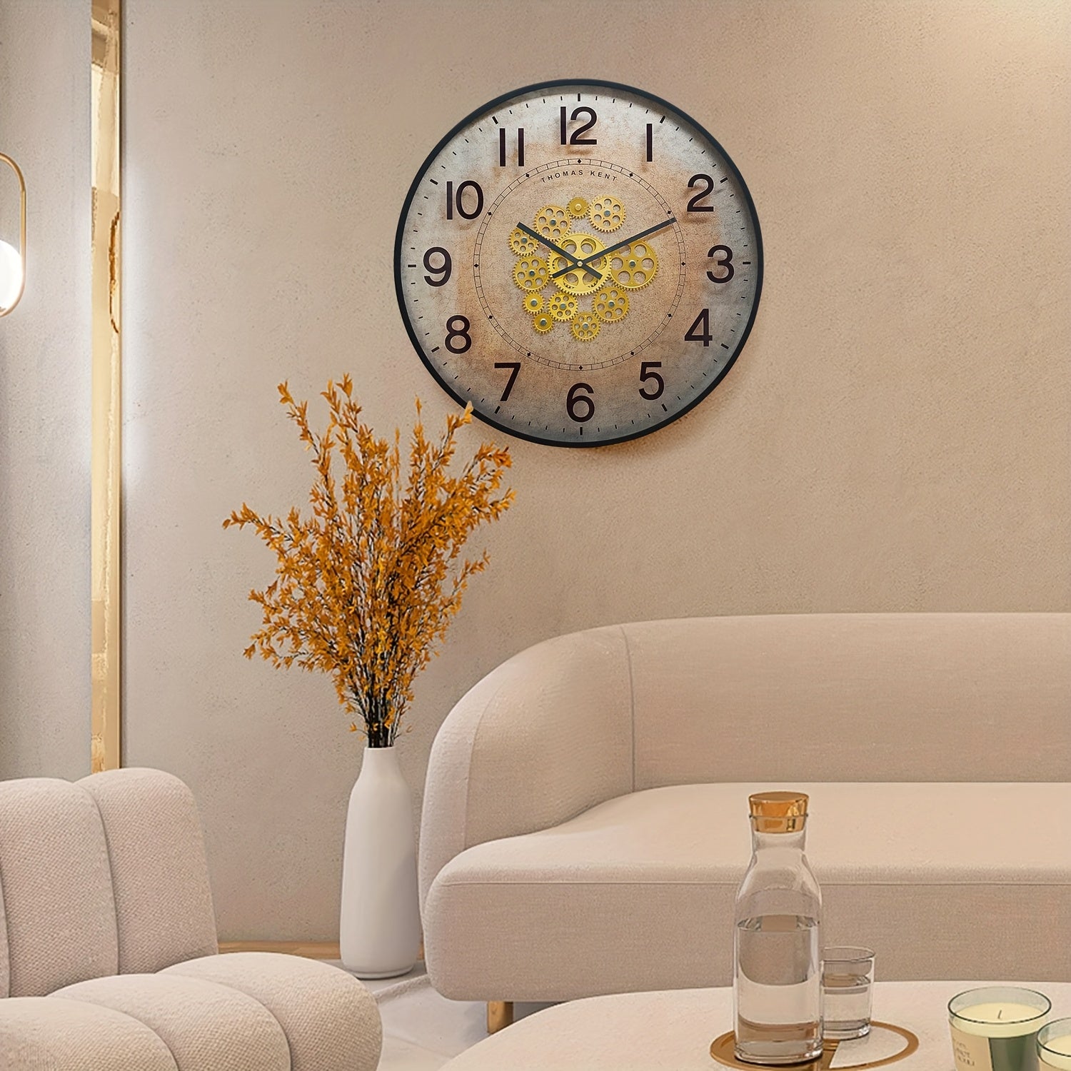 Industrial Vintage Wall Clock with Rotating Golden Gear - Distressed Dial, Black Frame, Mechanical Design for Home & Office Decor, 21\