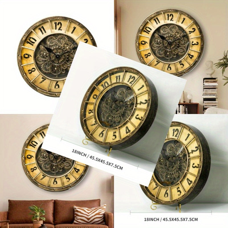 18-Inch Oversized Gear Clock Featuring Authentic Moving Gears, Designed in a Large Industrial Steampunk Style, This Wall-Mounted Clock with a Glass Cover Is Perfect for Decorating Living Rooms, Home Offices, Factories, Warehouses, Or Log Cabins