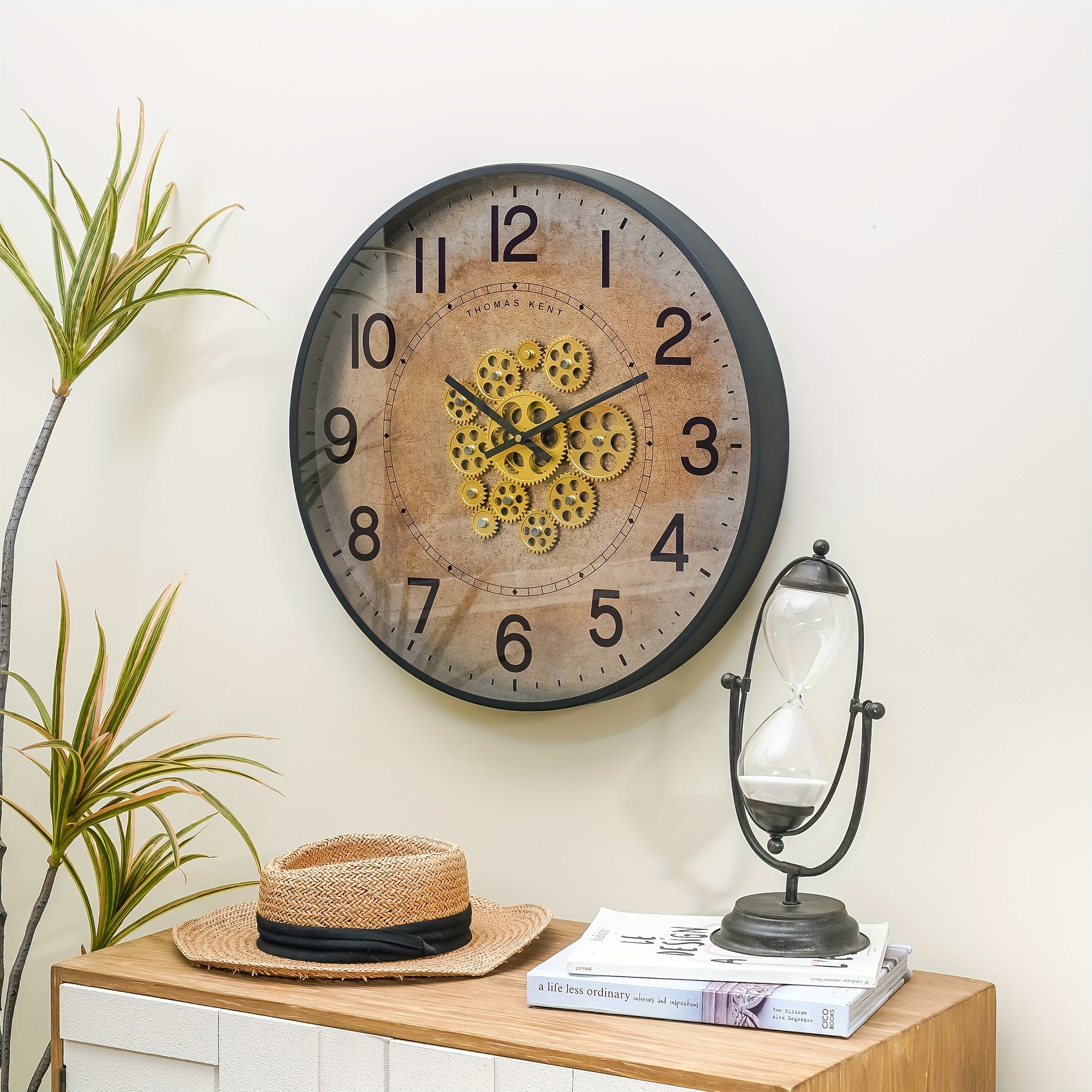 Industrial Vintage Wall Clock with Rotating Golden Gear - Distressed Dial, Black Frame, Mechanical Design for Home & Office Decor, 21\