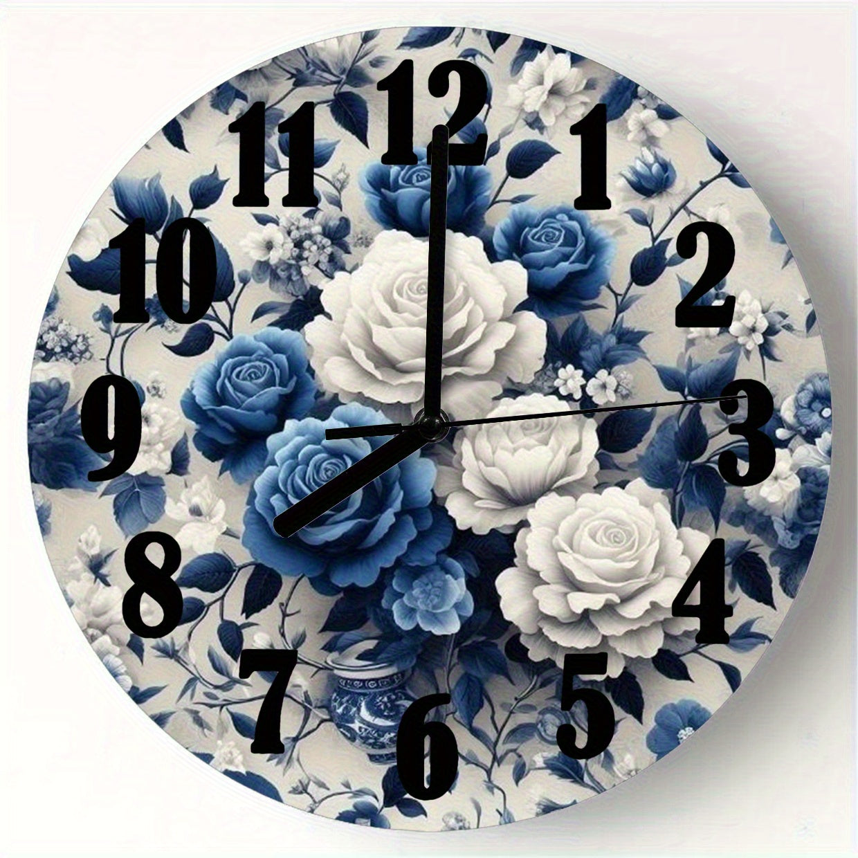 Vintage Floral Wall Clock - Silent Non-Ticking Large Blue Roses & Beige Background, Artificial Wood Round Clock for Living Room, Bedroom, Office - Elegant Home Decor Gift (AA Battery Not Included), Classic Aesthetic, Clear Numeral Display