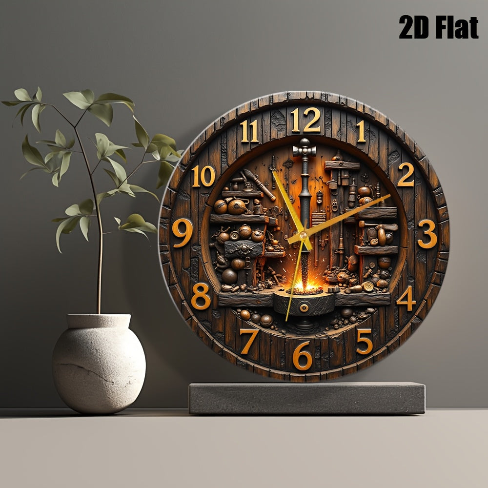 2D Flat, 1pc Industrial Forged Style Tempered Glass Wall Clock 12x12inch- Black and Golden Metal Hands, Artisan Handmade Design with Tools and Flame Pattern, Battery Operated(AA Batteries Not Included)- Choice Living Room, Studio, Hous, 2D Flat