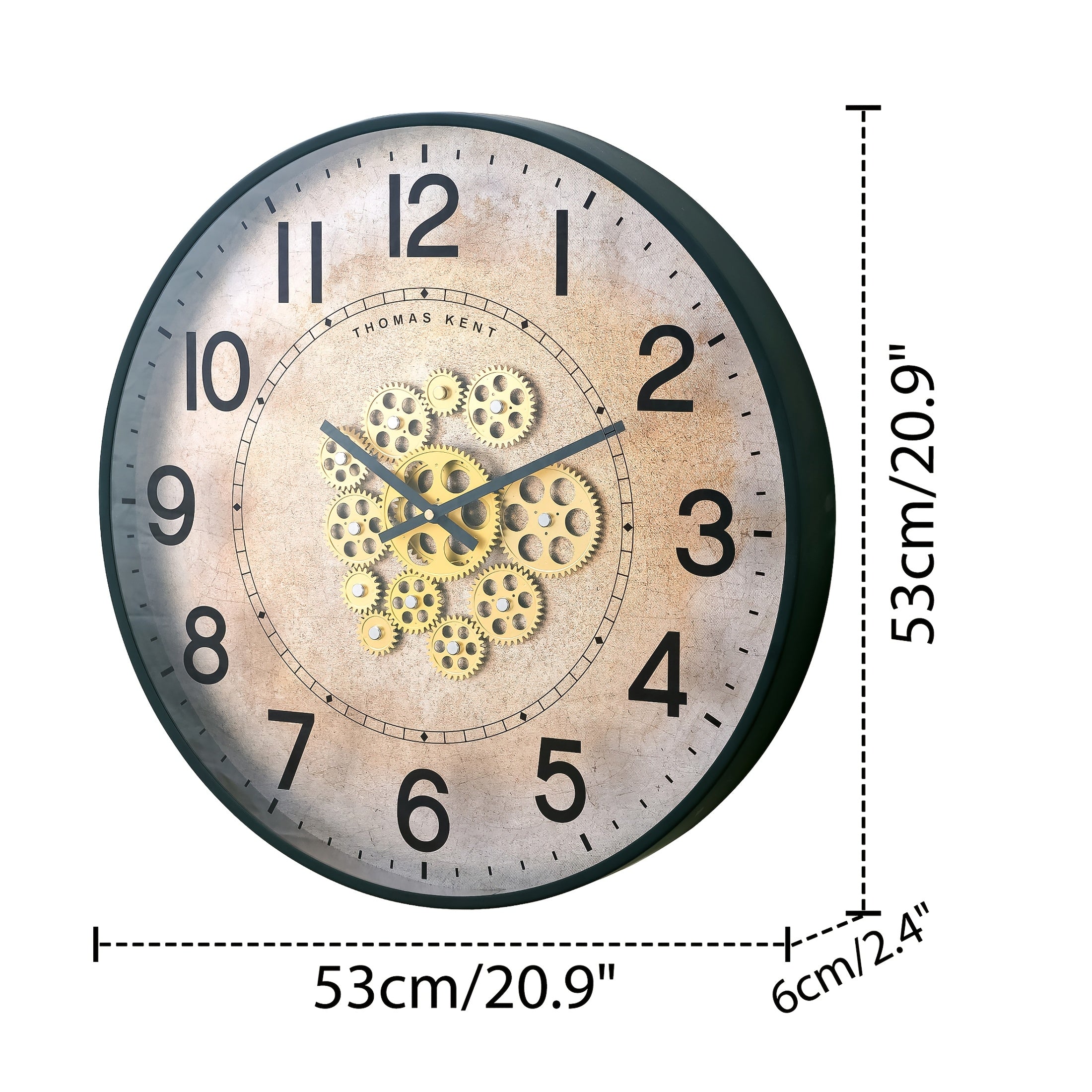 Industrial Vintage Wall Clock with Rotating Golden Gear - Distressed Dial, Black Frame, Mechanical Design for Home & Office Decor, 21\