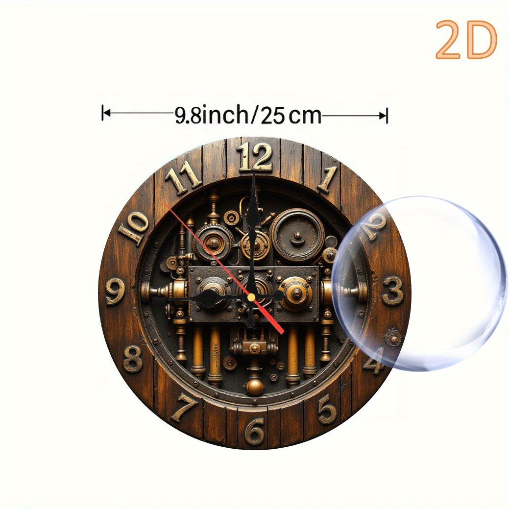 14 Inch Vintage Steampunk Wall Clock - Dark Brown Artificial Wood with Intricate Gears & Pipes, Silent Quartz Movement, Battery Operated (AA Not Included) for Living Room, Bedroom Home Decor, Wall Clock Living Room