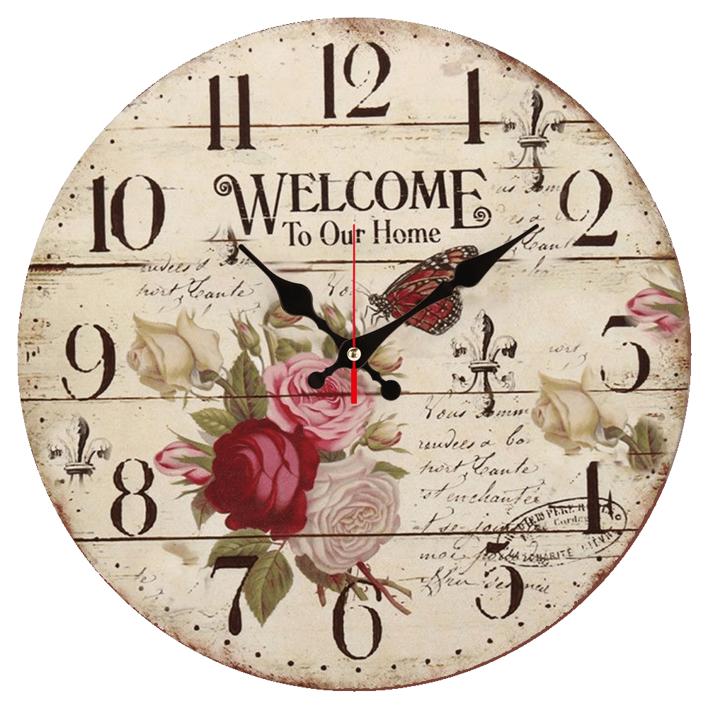 Retro floral wall clock silent movement - Retro rose and butterfly design artificial wooden round clock suitable for living room, bedroom, kitchen and office decoration - perfect for Christmas, New Year and Halloween. No AA battery included