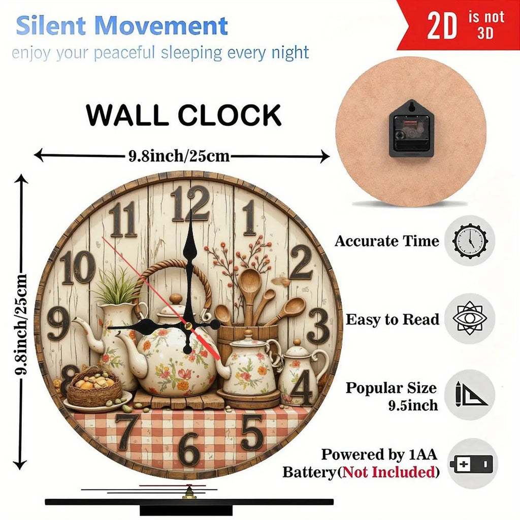 Retro Style Round Wall Clock with Floral Pattern Teapot, Wooden Tableware And Comfortable Plaid Tablecloth Set, Light Faded Wood Grain Background with Numbers 1-12, Classic Dark Design, Adds Warmth And Intimacy to Home Decor