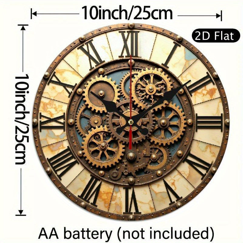Retro Industrial Round Wall Clock with Steampunk Gears & Roman Numerals - Silent Non-Ticking Wooden Frame, AA Battery Operated (Not Included) for Living Room, Bedroom, Office Decor - Unique Artistic Home Gift