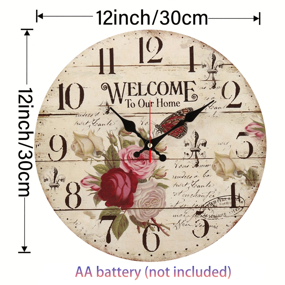 Retro floral wall clock silent movement - Retro rose and butterfly design artificial wooden round clock suitable for living room, bedroom, kitchen and office decoration - perfect for Christmas, New Year and Halloween. No AA battery included