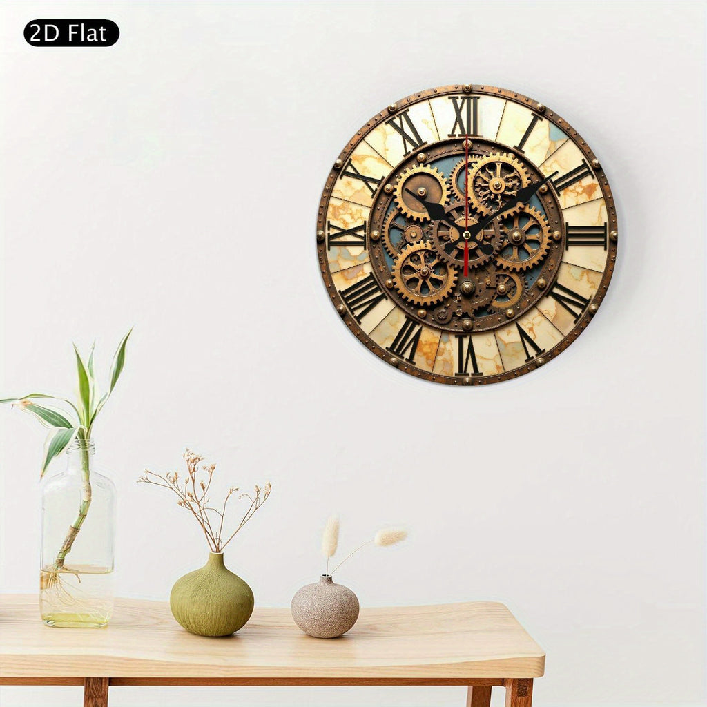 Retro Industrial Round Wall Clock with Steampunk Gears & Roman Numerals - Silent Non-Ticking Wooden Frame, AA Battery Operated (Not Included) for Living Room, Bedroom, Office Decor - Unique Artistic Home Gift