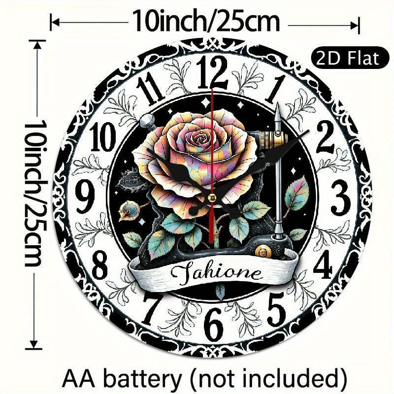 1 retro floral silent wall clock - pink black rose flat clock, battery-powered, no AA battery, suitable for living room, kitchen, office, birthday, graduation, Thanksgiving decoration - elegant home gift, artistic design, fine craftsmanship, 2D flat