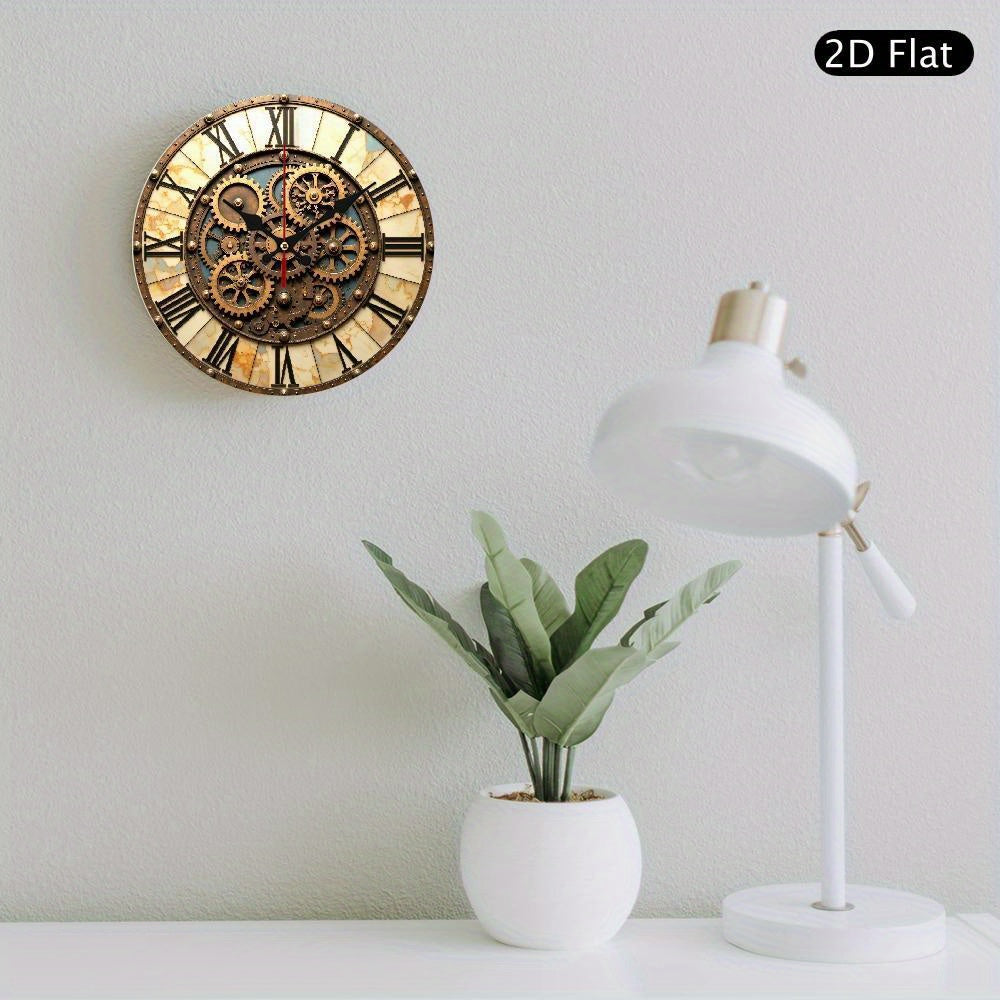 Retro Industrial Round Wall Clock with Steampunk Gears & Roman Numerals - Silent Non-Ticking Wooden Frame, AA Battery Operated (Not Included) for Living Room, Bedroom, Office Decor - Unique Artistic Home Gift