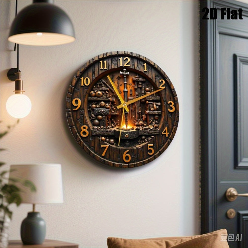 2D Flat, 1pc Industrial Forged Style Tempered Glass Wall Clock 12x12inch- Black and Golden Metal Hands, Artisan Handmade Design with Tools and Flame Pattern, Battery Operated(AA Batteries Not Included)- Choice Living Room, Studio, Hous, 2D Flat