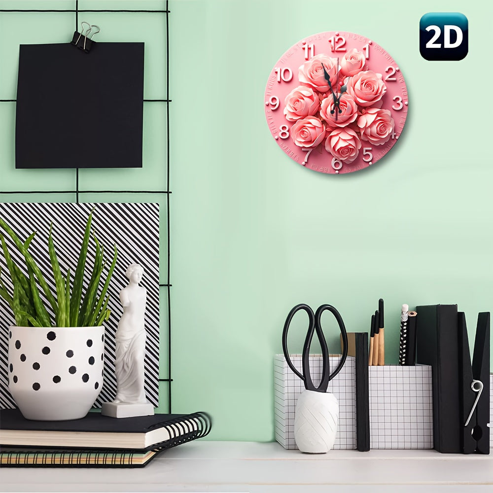 2D flat style retro floral wall clock - Quartz sports romantic pink rose design, silent, no AA battery, perfect for home decoration, living room, kitchen or gift. Elegant wall clock, quartz sports clock, wall clock decoration