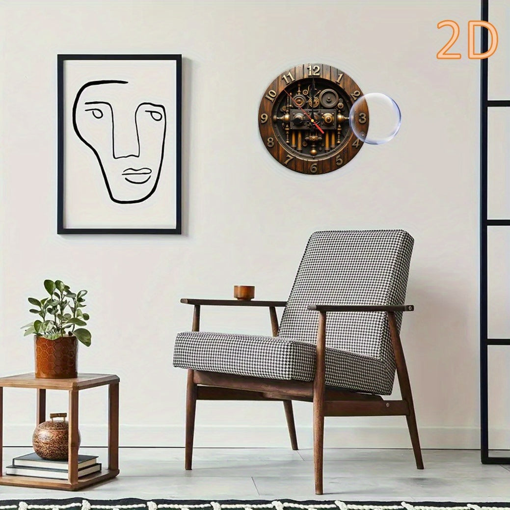 14 Inch Vintage Steampunk Wall Clock - Dark Brown Artificial Wood with Intricate Gears & Pipes, Silent Quartz Movement, Battery Operated (AA Not Included) for Living Room, Bedroom Home Decor, Wall Clock Living Room