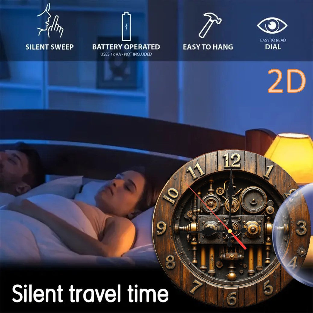 14 Inch Vintage Steampunk Wall Clock - Dark Brown Artificial Wood with Intricate Gears & Pipes, Silent Quartz Movement, Battery Operated (AA Not Included) for Living Room, Bedroom Home Decor, Wall Clock Living Room