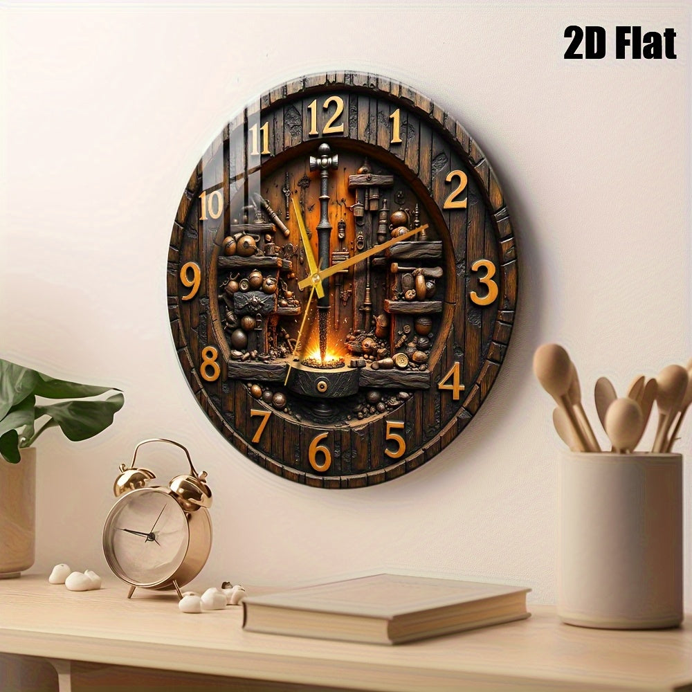 2D Flat, 1pc Industrial Forged Style Tempered Glass Wall Clock 12x12inch- Black and Golden Metal Hands, Artisan Handmade Design with Tools and Flame Pattern, Battery Operated(AA Batteries Not Included)- Choice Living Room, Studio, Hous, 2D Flat