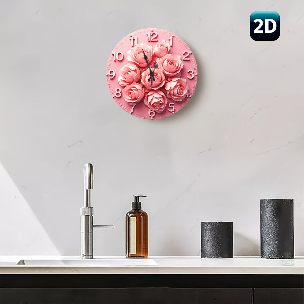 2D flat style retro floral wall clock - Quartz sports romantic pink rose design, silent, no AA battery, perfect for home decoration, living room, kitchen or gift. Elegant wall clock, quartz sports clock, wall clock decoration